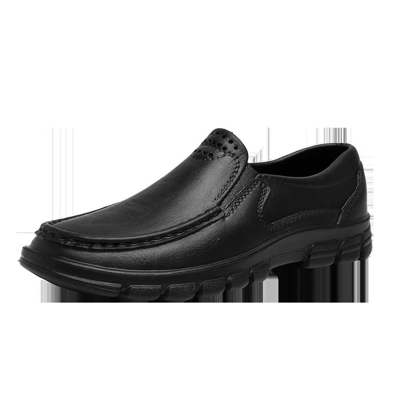 Men's black slip-on casual shoes with a round toe and chunky waterproof platform sole.