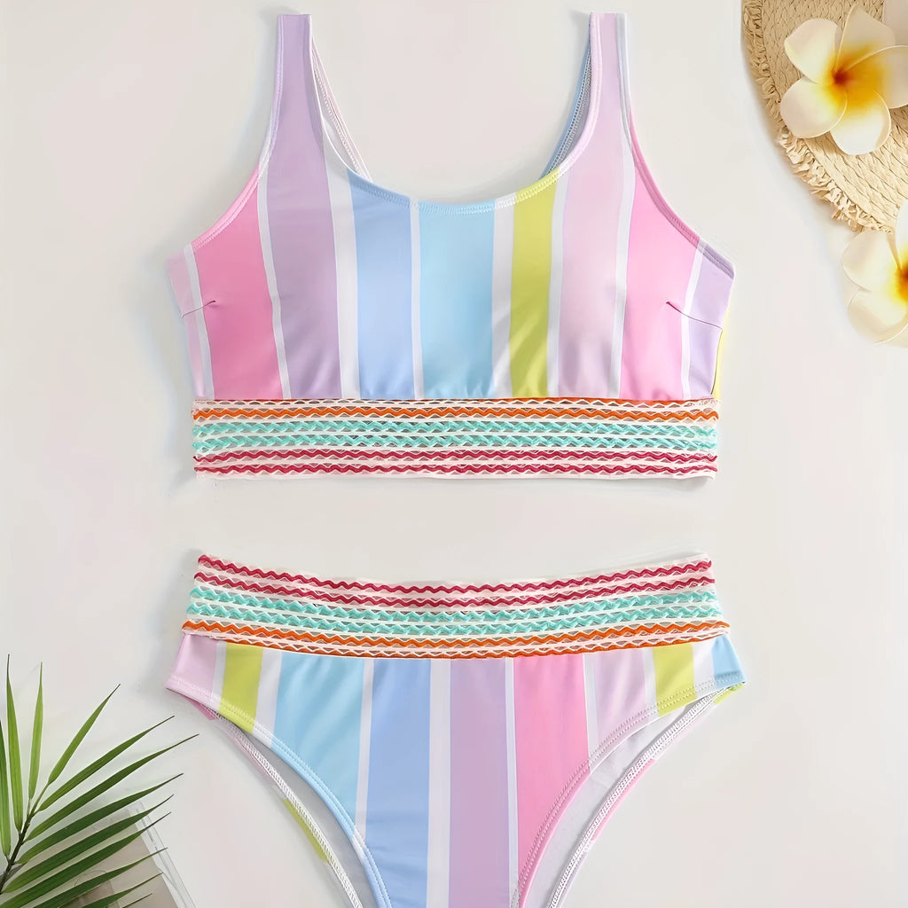 Women's striped two-piece bikini set for swimming and sports casual wear in picture colour.