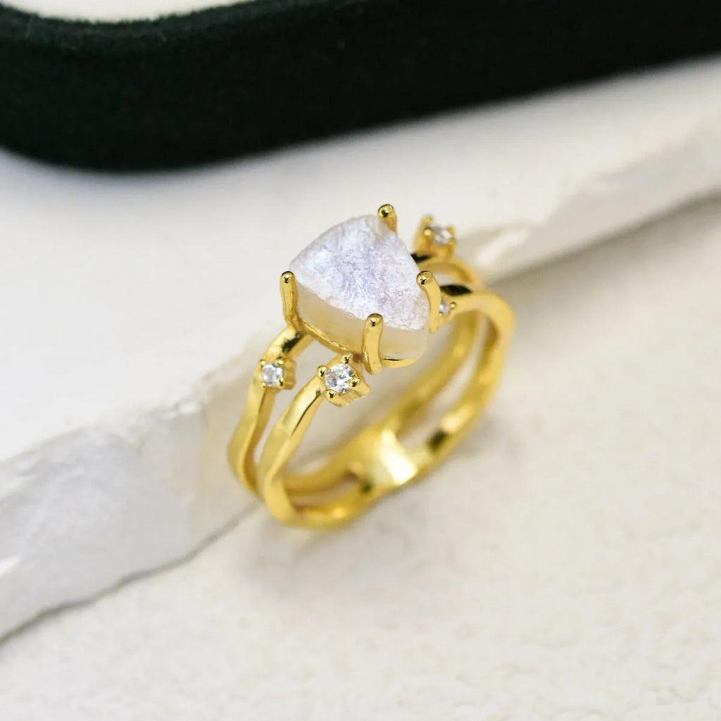 Silver irregular triangle moonstone ring in rose gold, white gold, or yellow gold electroplated finish