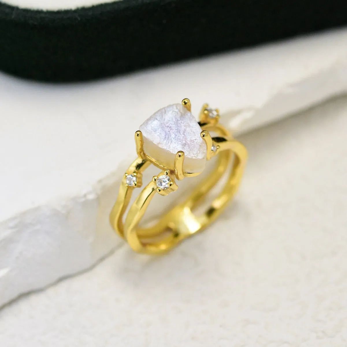 Silver irregular triangle moonstone ring in rose gold, white gold, or yellow gold electroplated finish