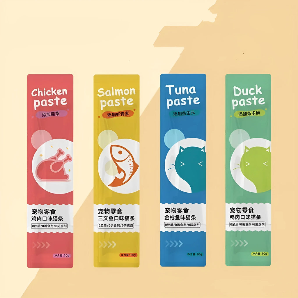 Pack of 10 soft cat snack strips in four flavour varieties: chicken, duck, salmon, and tuna.