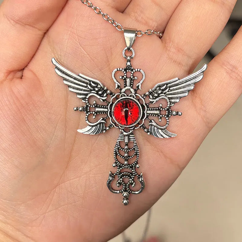 Creative geometric devil wings cross alloy pendant necklace in blue, green, purple, red, and yellow colour options.