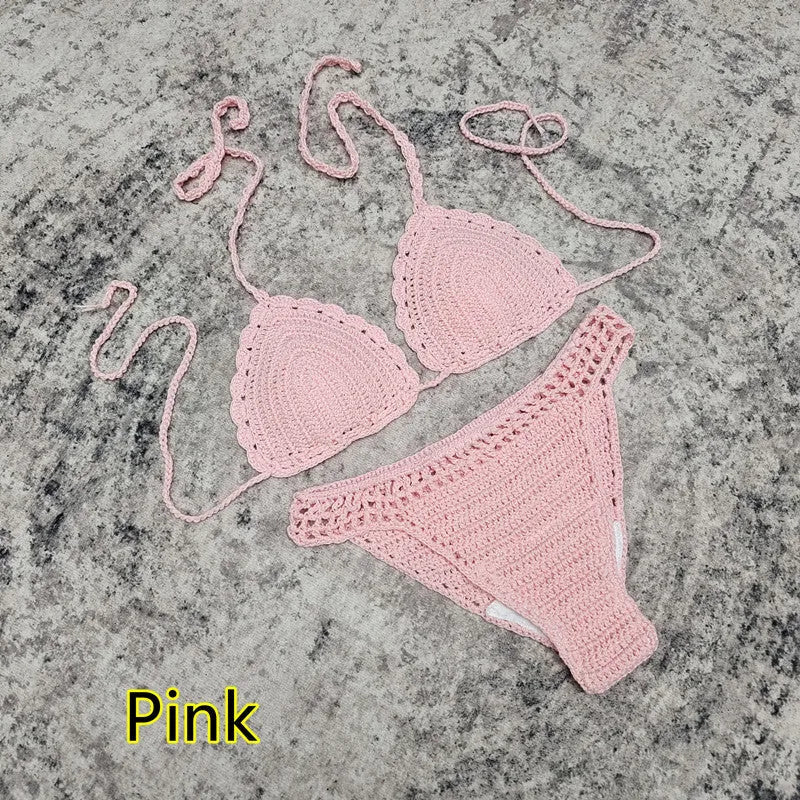 Women's 3-piece handmade crochet bikini set with skirt cover-up in solid colour acrylic fibre