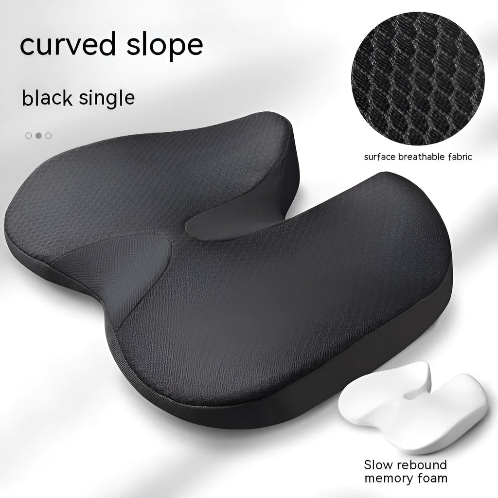 Curved bevel seat cushion for tailbone support in choice of colours on a chair.