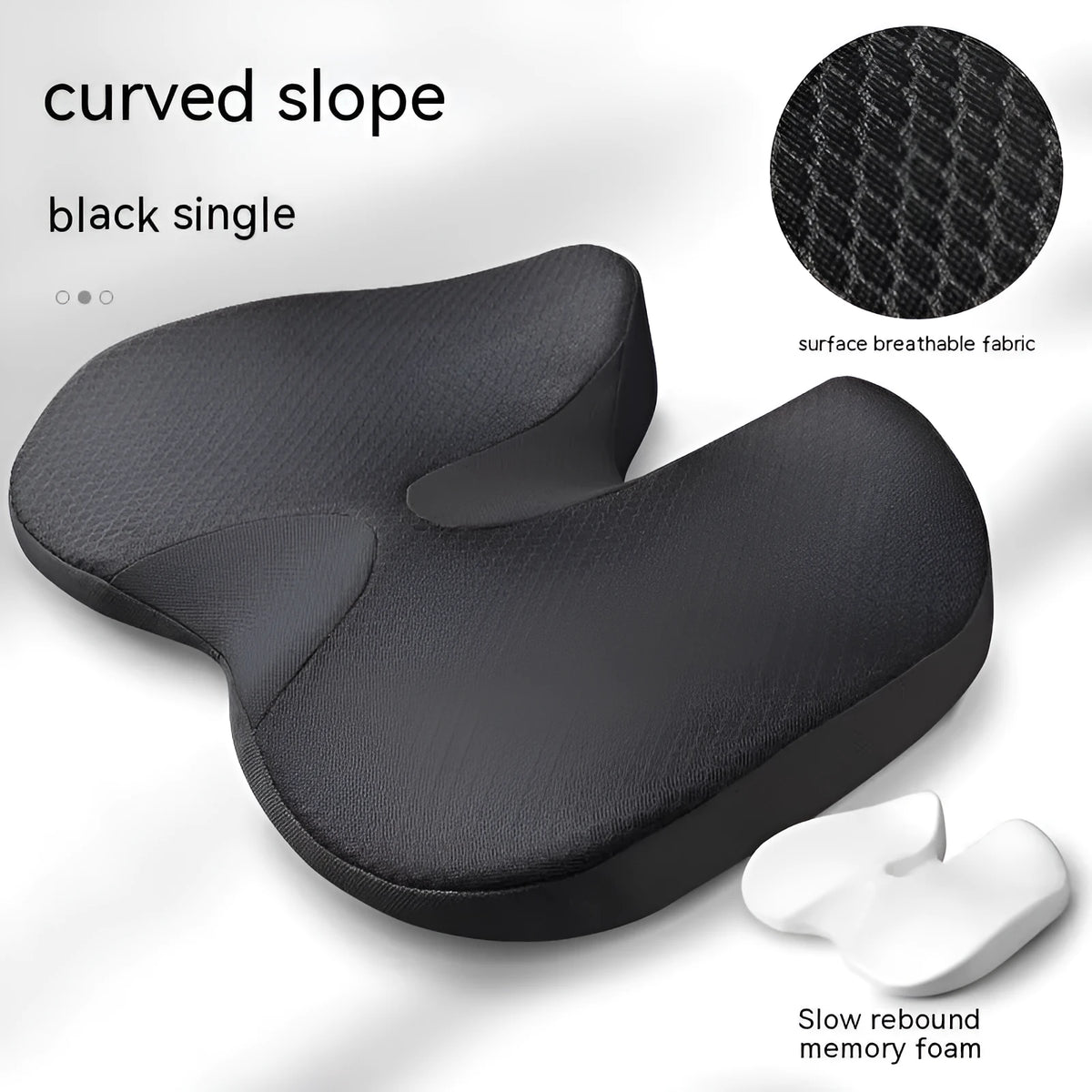 Curved bevel seat cushion for tailbone support in choice of colours on a chair.