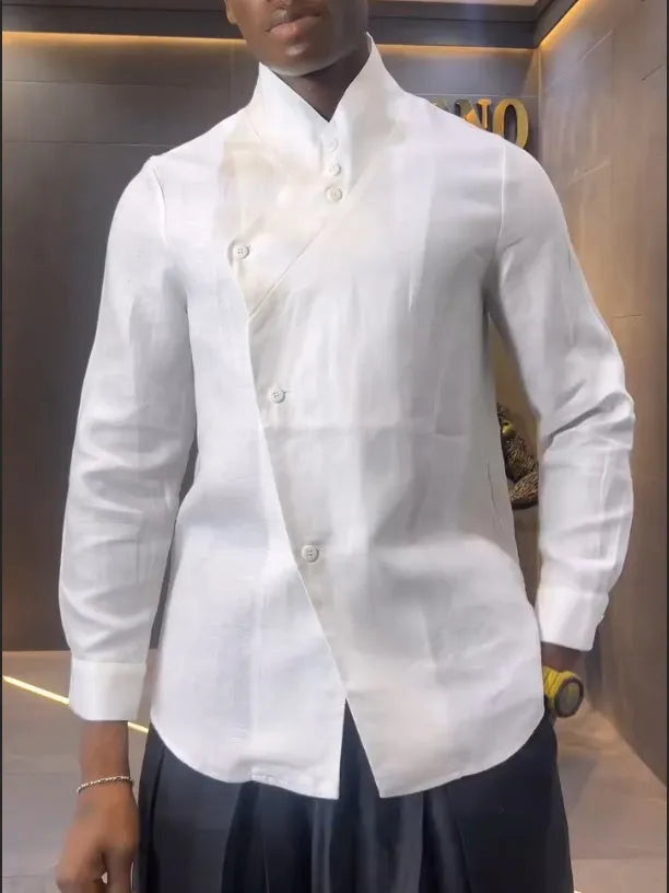 White asymmetric front shirt with black pleated trousers casual co-ord set