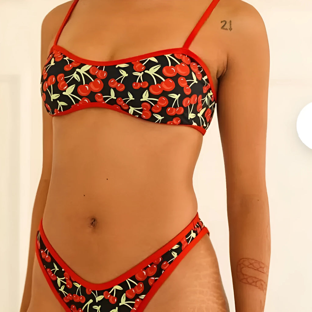 Women's cherry print tube top bikini swimsuit with floral pattern and briefs style