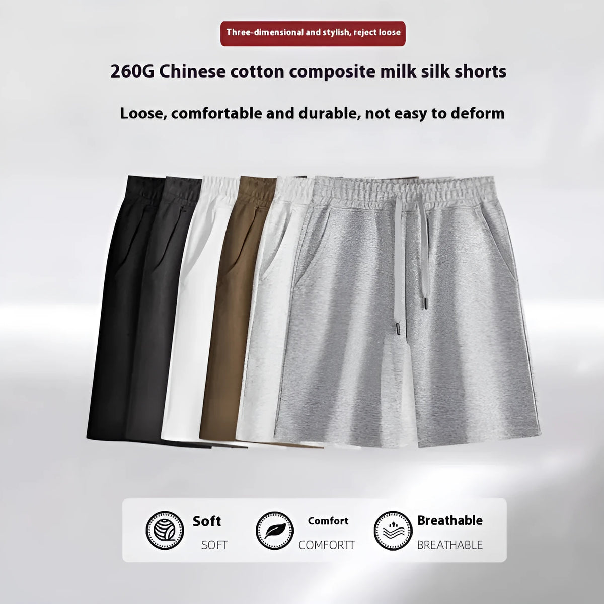 Men's straight leg cotton sports shorts in a light grey colour, showing a relaxed fit suitable for summer.