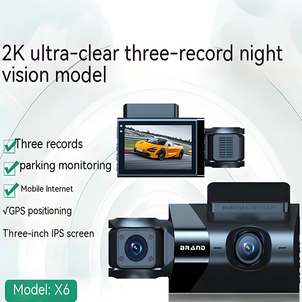 Black car dash camera with 5-inch screen showing front and rear recording with GPS and mobile phone WiFi interconnection