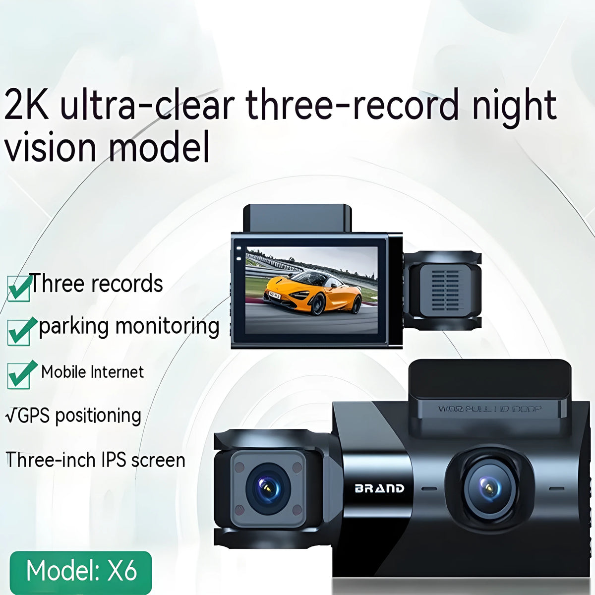 Black car dash camera with 5-inch screen showing front and rear recording with GPS and mobile phone WiFi interconnection