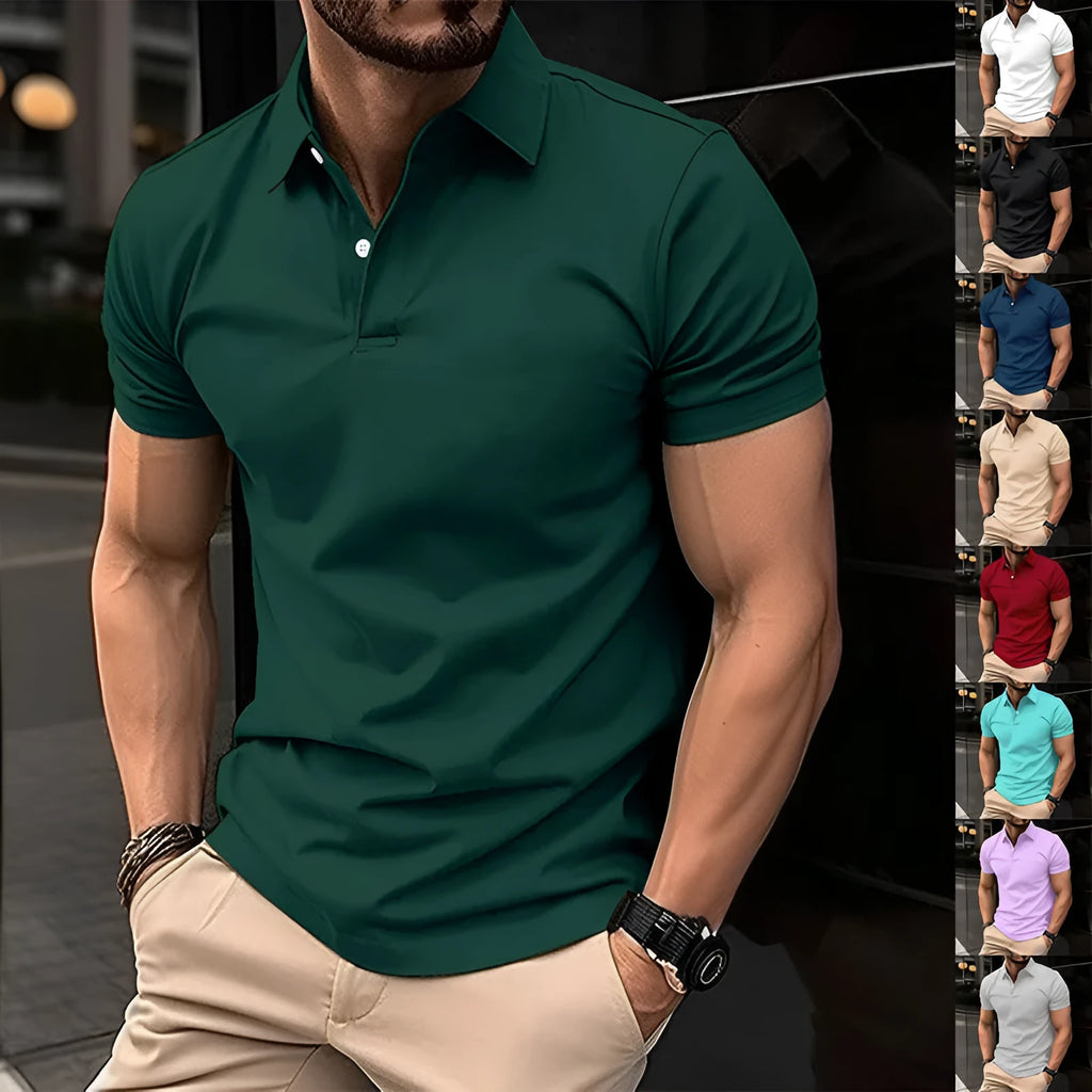Men's solid colour short sleeve polo shirt with button-down lapel on a hanger.