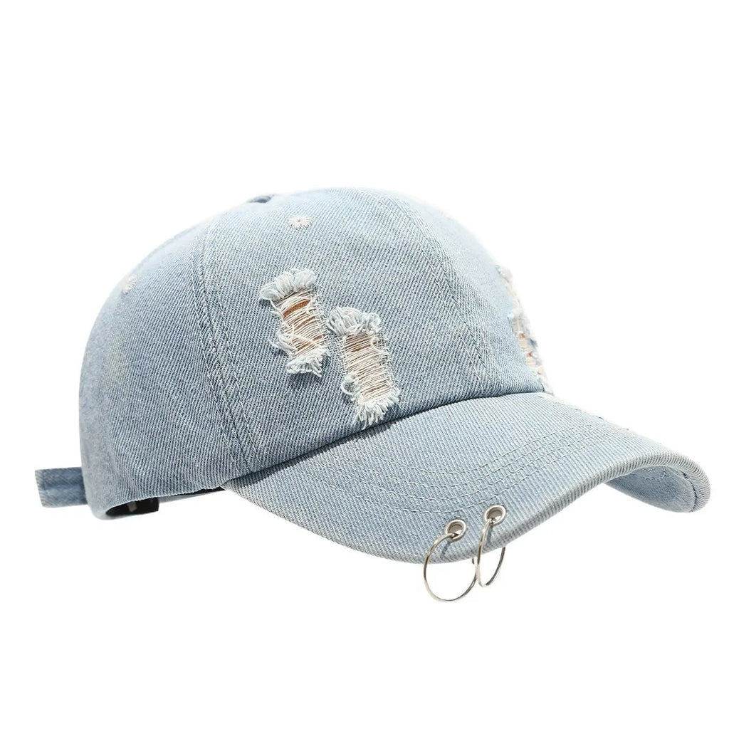 Men's adjustable denim peaked cap with dome crown in light blue jeans colour