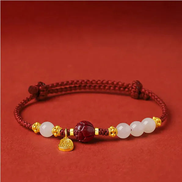 Hetian Jade Cinnabar Red Rope women's bracelet with 925 silver chain and adjustable clasp