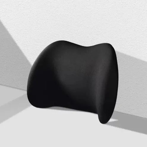 Black memory cotton car seat cushion shown as a headrest and a separate back support piece on a car seat.
