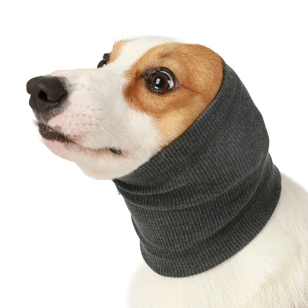 Blue and grey polyester dog headband scarf shown in sizes S, M, and L.