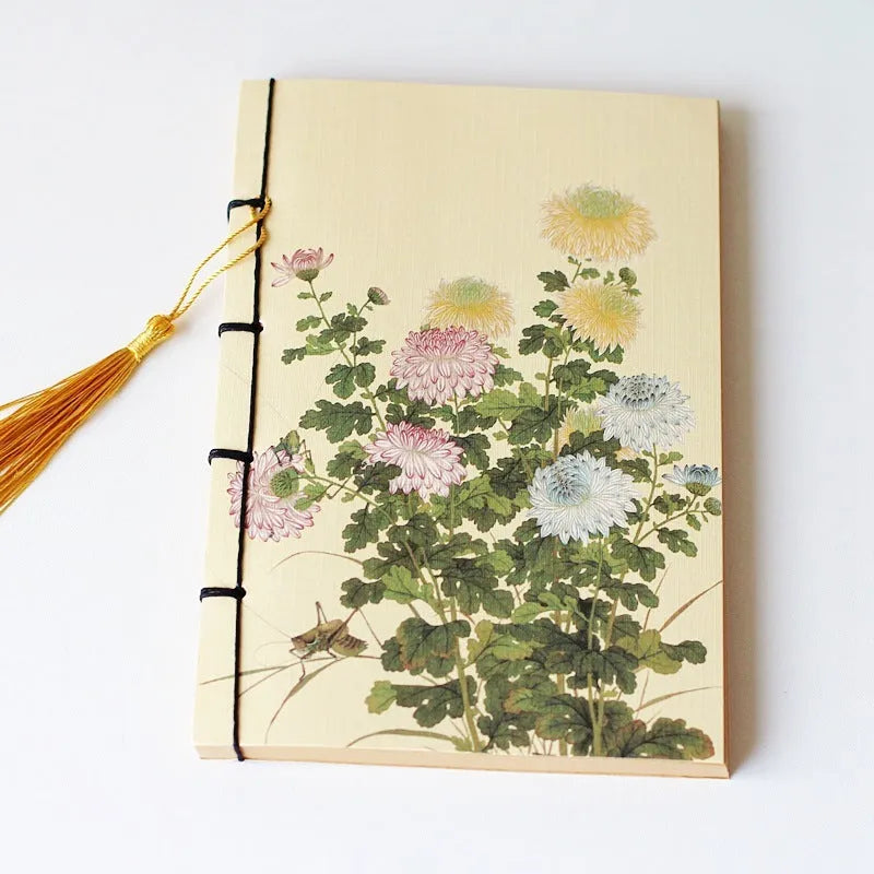 A5 antique wire-bound notebook with glossy embossed cover featuring a retro painting design, shown open.