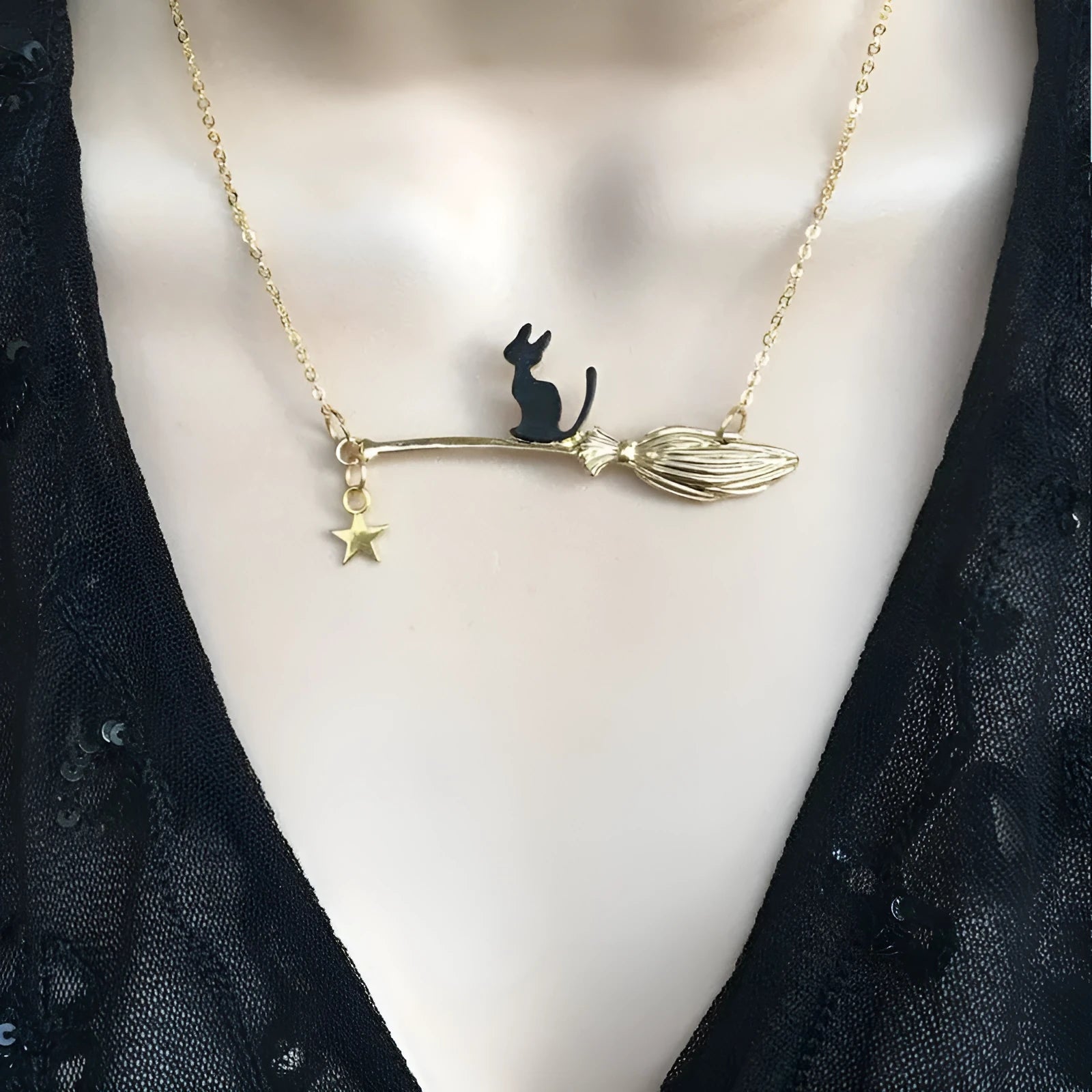 Black cat pendant necklace in silver or gold tone alloy simple animal totem style