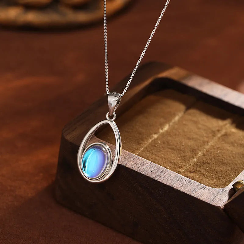 925 sterling silver moonstone pendant necklace with white gold colour box chain, crystal inlay, 41-50cm perimeter