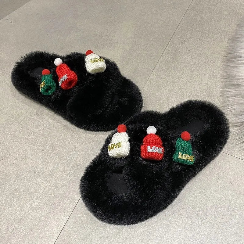 Women's Christmas hat decoration slippers in faux plush with rubber sole.