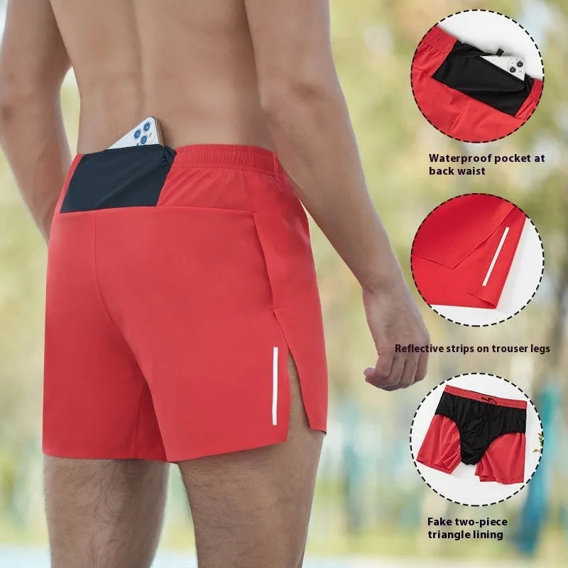 Men's red off-road running shorts with a high waist and loose fit, shown for athletic use.