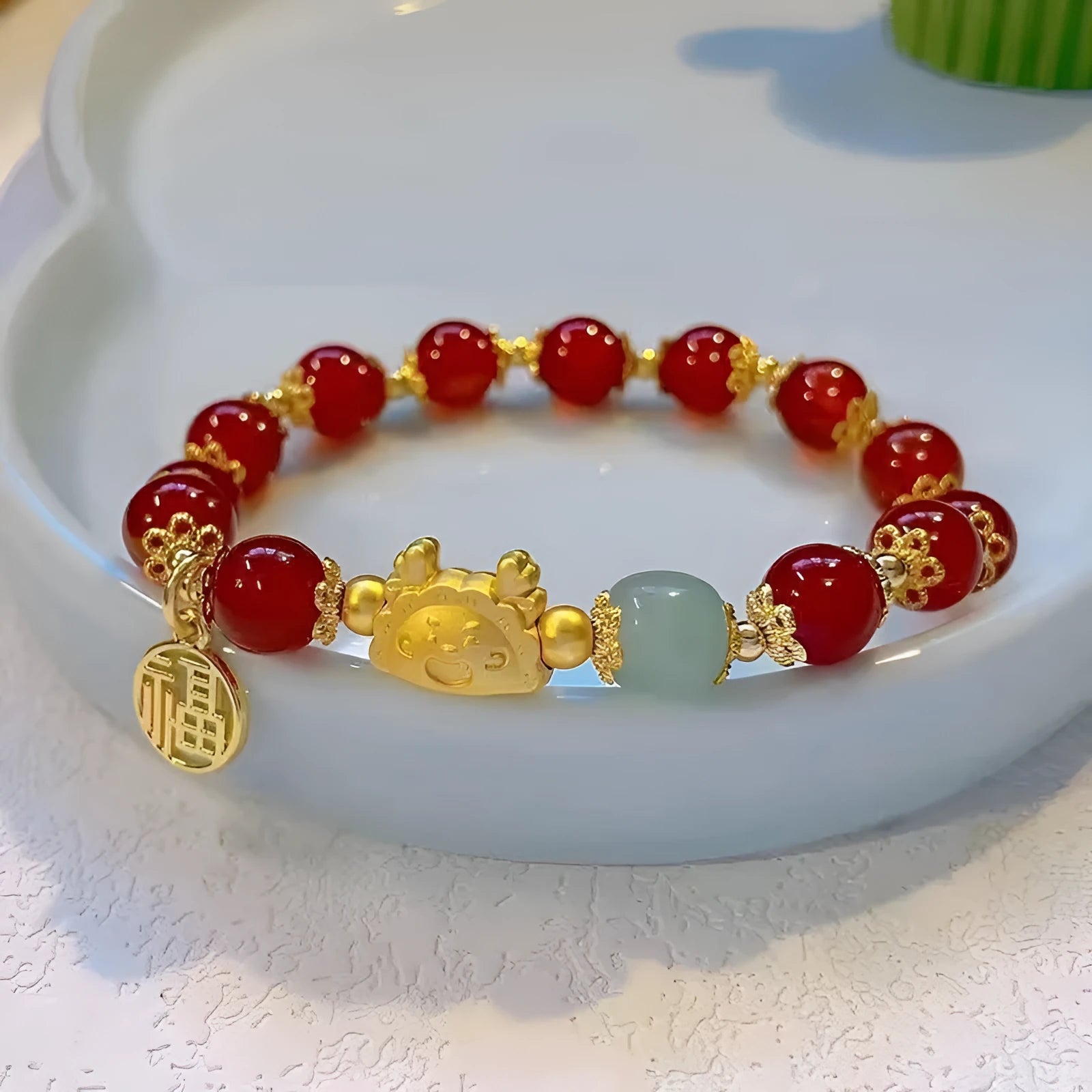 Glass floral ice crack bracelet with coloured glaze, red beads, pink beads, and white pearl accents