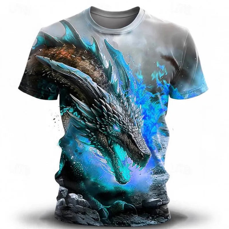 Men's short sleeve t-shirt featuring a 3D wind dragon print on thin milk silk polyester fabric