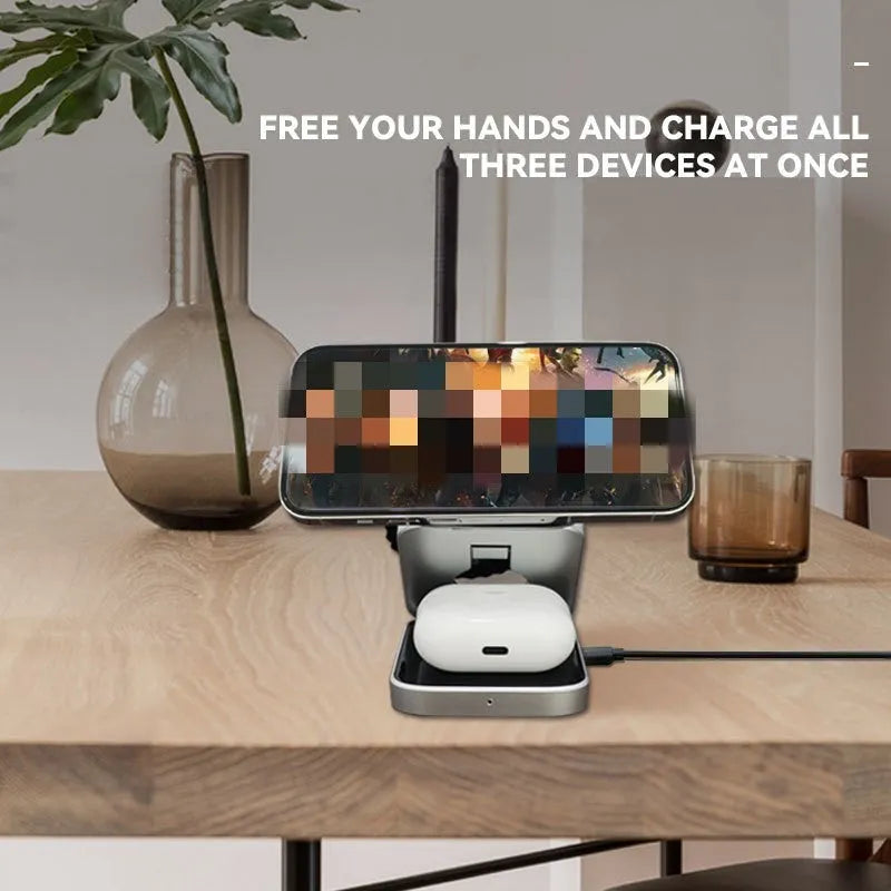 Three-in-one desktop wireless charging bracket with foldable stand and magnetic ring