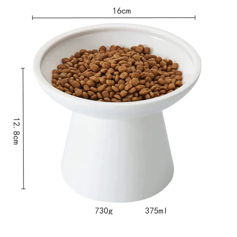 Ceramic elevated cat food and water bowls in blue, green, pink, and white colours