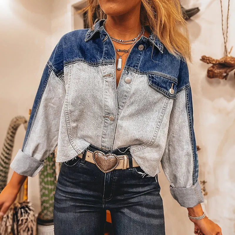 Women's loose fit denim coat with row of buckles front fastening in cotton fabric