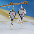 Women's retro blue drop earrings with geometric design featuring synthetic opal and pearl on electroplated metal