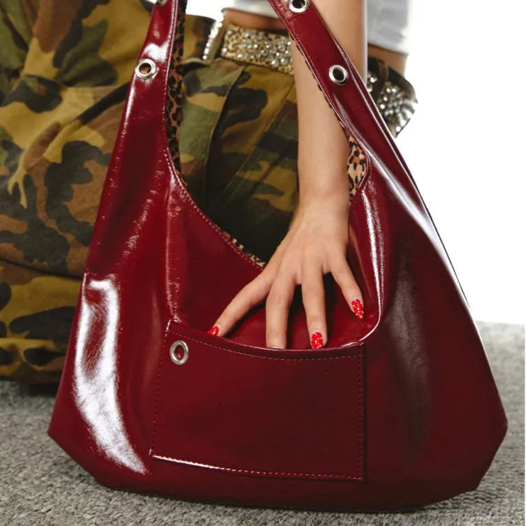 Red leopard print women's shoulder bag with dumpling shape and adjustable two-strap design