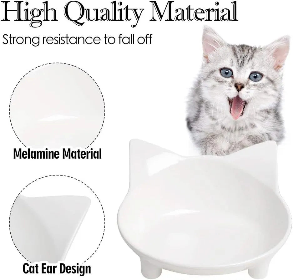 Set of four shallow melamine cat bowls with non-slip rubber bases in black and white