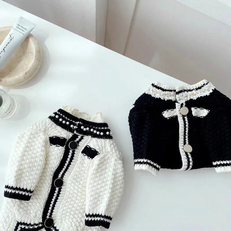Korean princess style white dog sweater with pearl collar for small breed dog