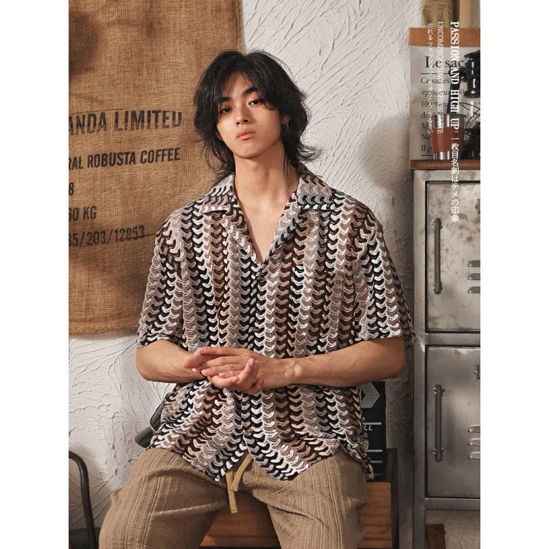 Japanese Cuban collar short sleeve shirt with grey jacquard pattern and fleece-lined slim fit