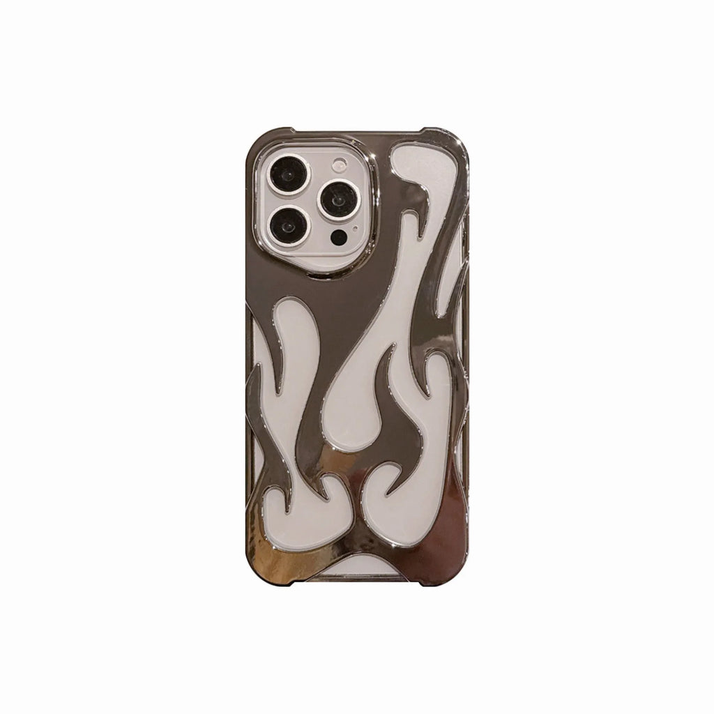 Electroplated hollow flame pattern iPhone case in silver TPU soft shell on a mobile phone.
