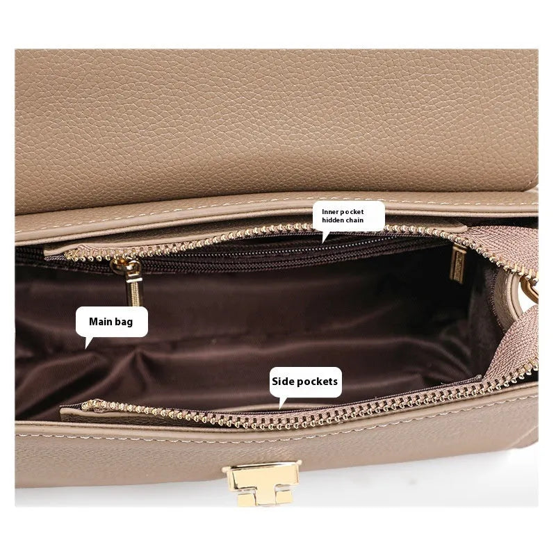Elephant grey genuine leather crossbody bag with vintage lock and litchi pattern texture