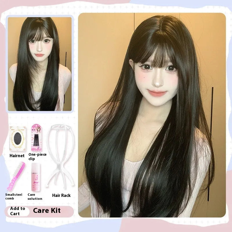 Dark brown full-head wig with long straight hair and bangs on display stand
