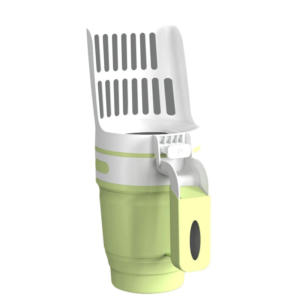 Grey widen cat litter scoop with attached waste bin and foldable bottom, shown with refill bags.