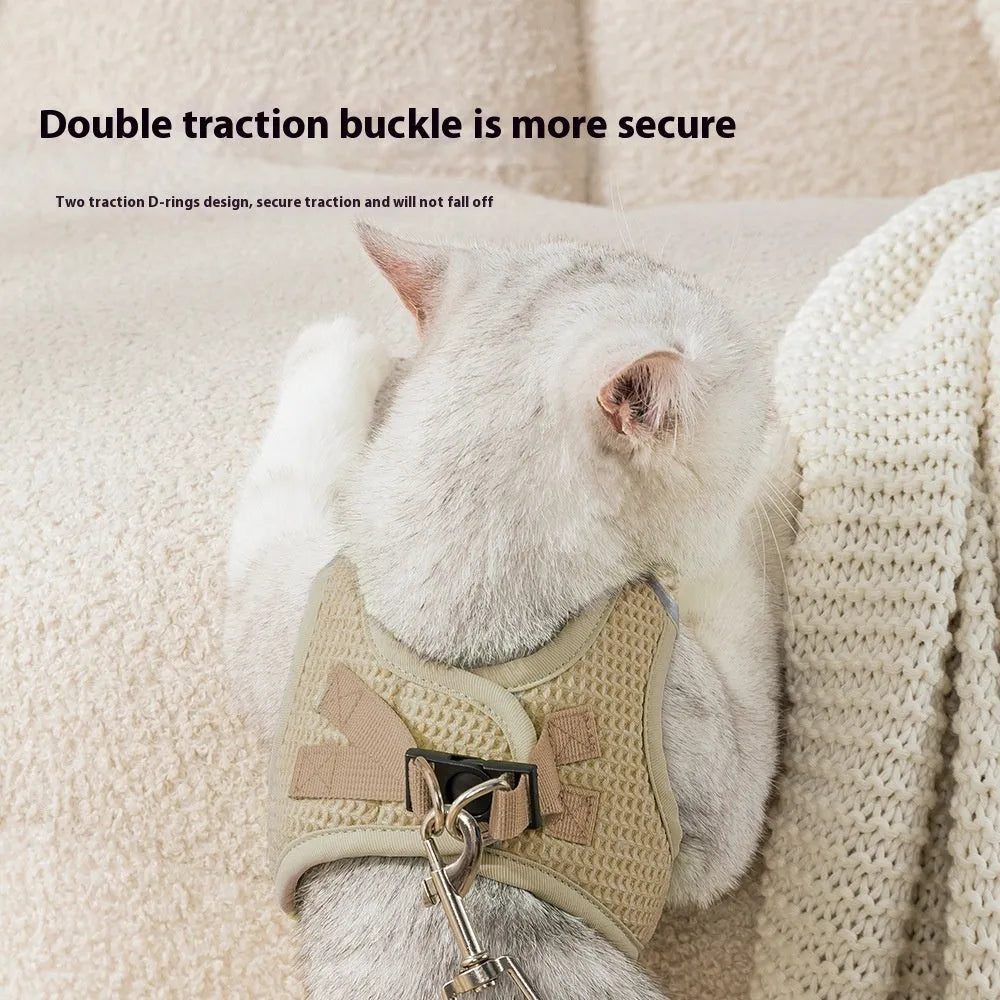 Brown waffle cloth pet harness chest strap with hand holding rope for small dogs