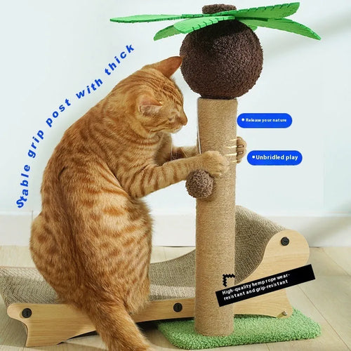 Wooden beach chair style cat climbing frame with integrated scratch board and hemp mat