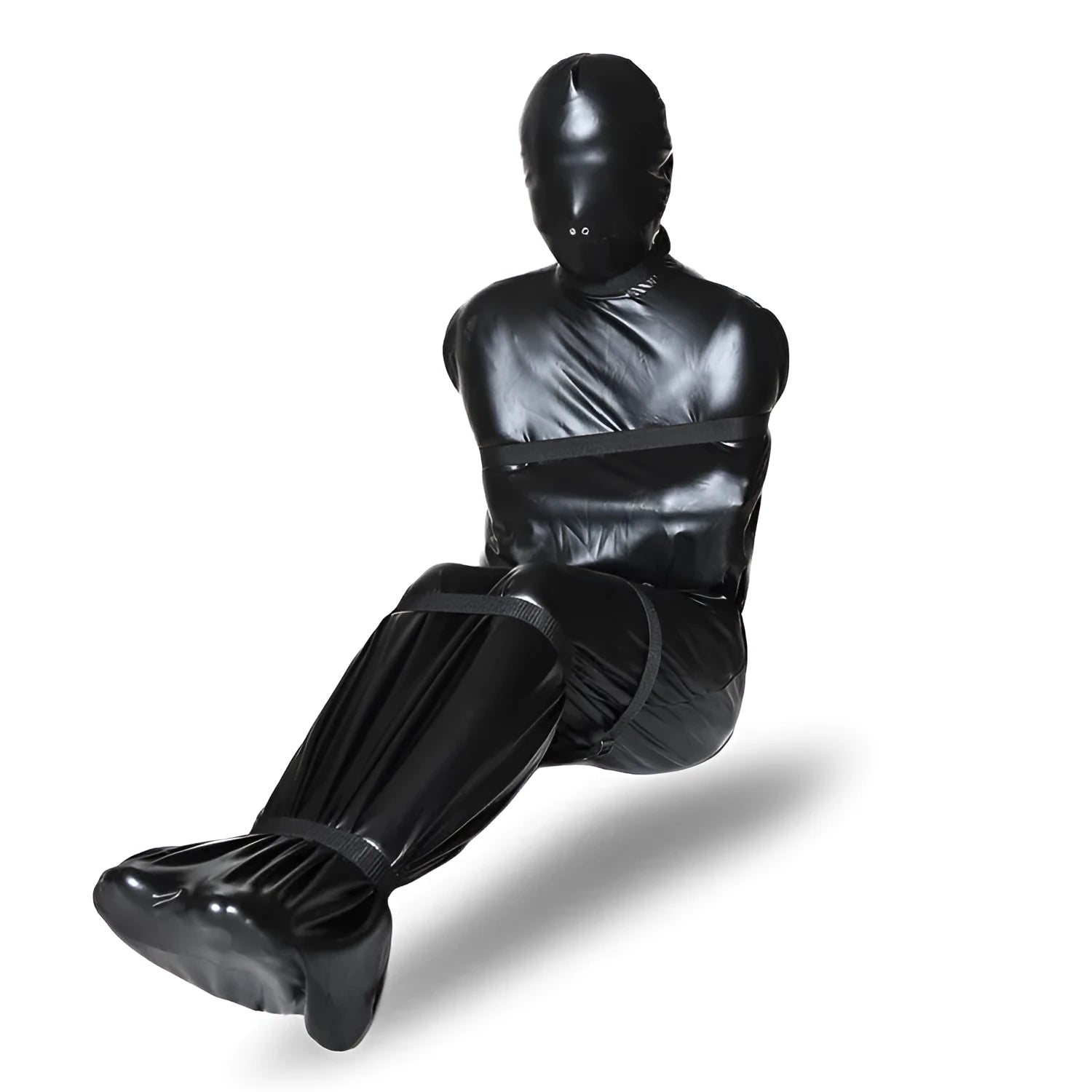 Black patent leather bondage set with body wrap and six ratchet tie down pieces