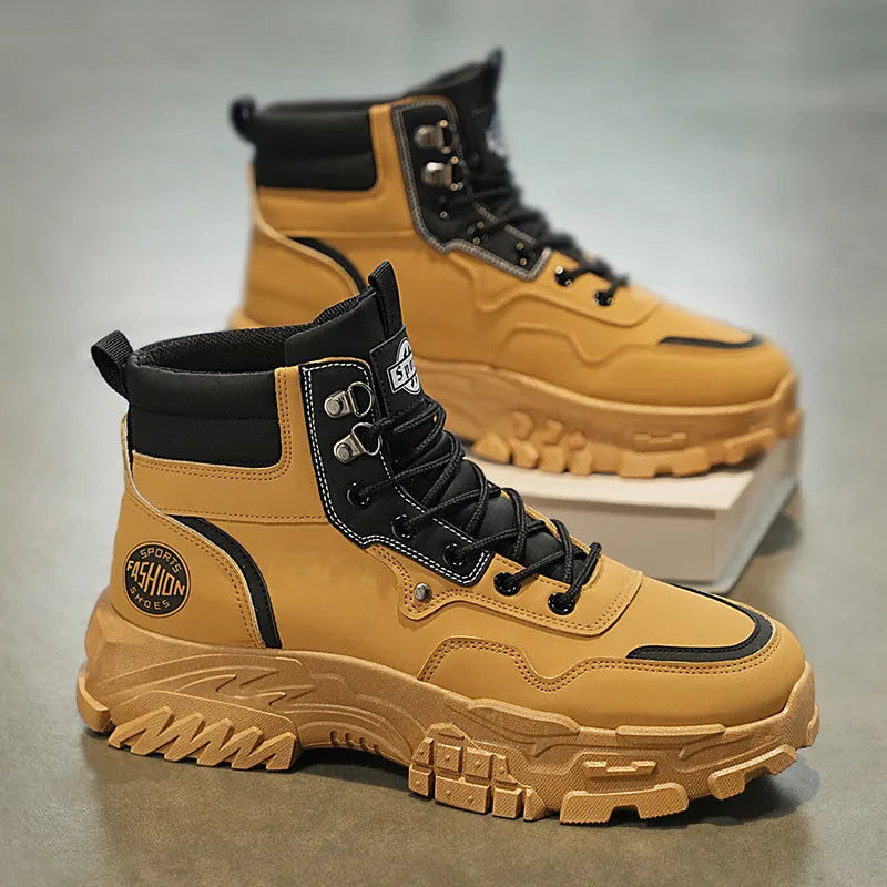 Men's black and yellow Martin boots showing mid heel height and high-top design