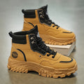 Men's black and yellow Martin boots showing mid heel height and high-top design