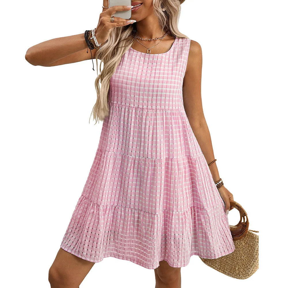 Women's sleeveless plaid dress with lining, high waist, and an oversized swing skirt in light blue.