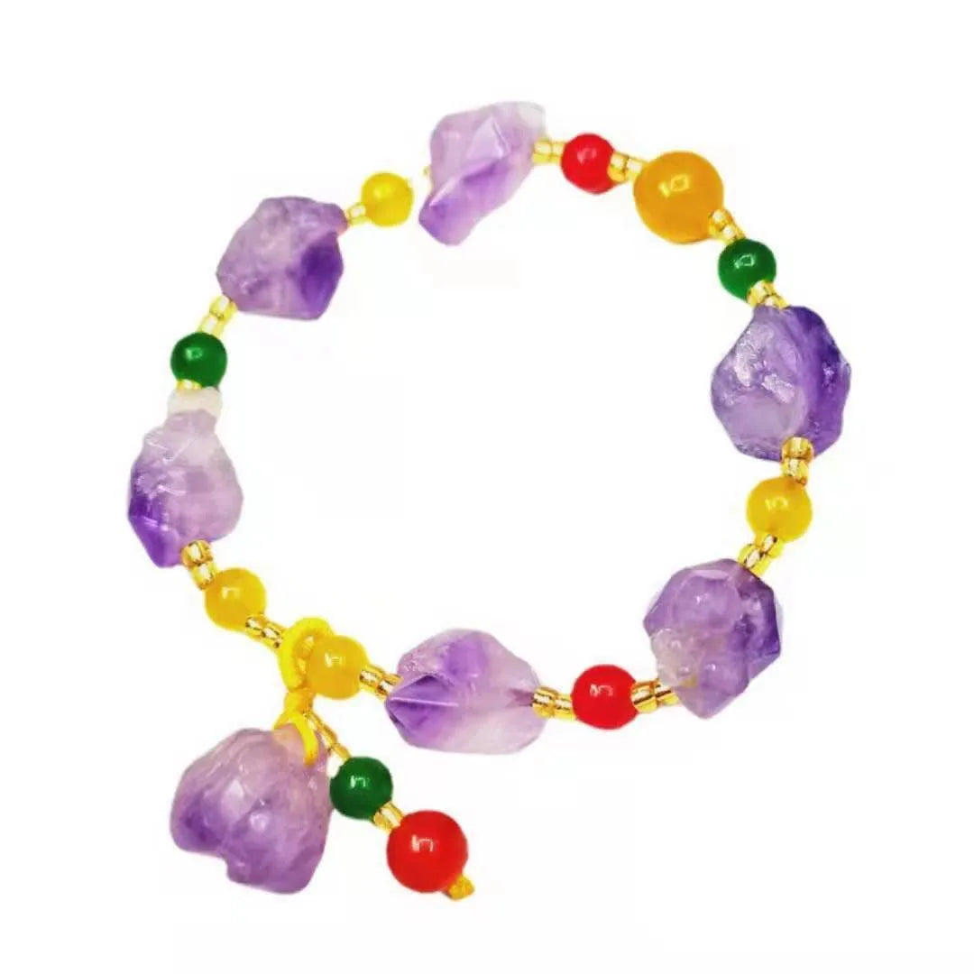 Women's natural shaped amethyst bracelet with fu character bead, adjustable 18-20 cm length