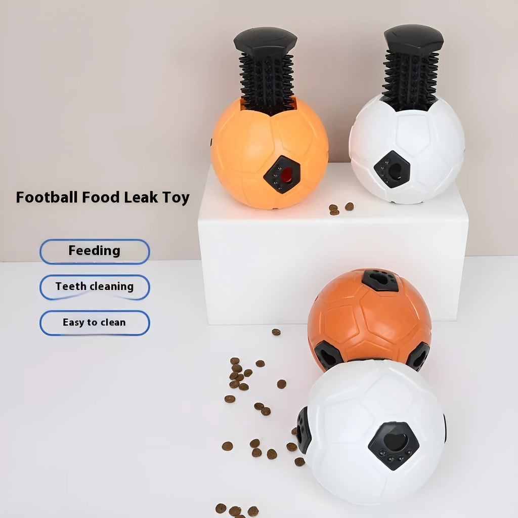 Orange and white TPR dog toy balls for chewing, one hollow and one with a teeth cleaning stick.