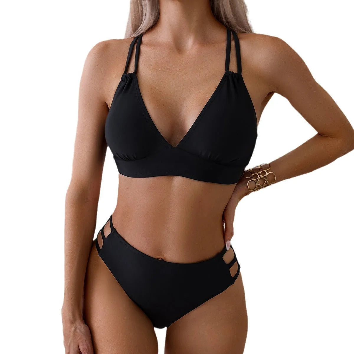 Ladies' black V-neck halter bikini swimsuit with adjustable ties and matching briefs.