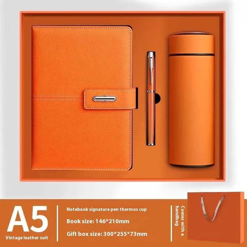 A5 notebook with a PU leather cover, open to show wood-free paper pages.