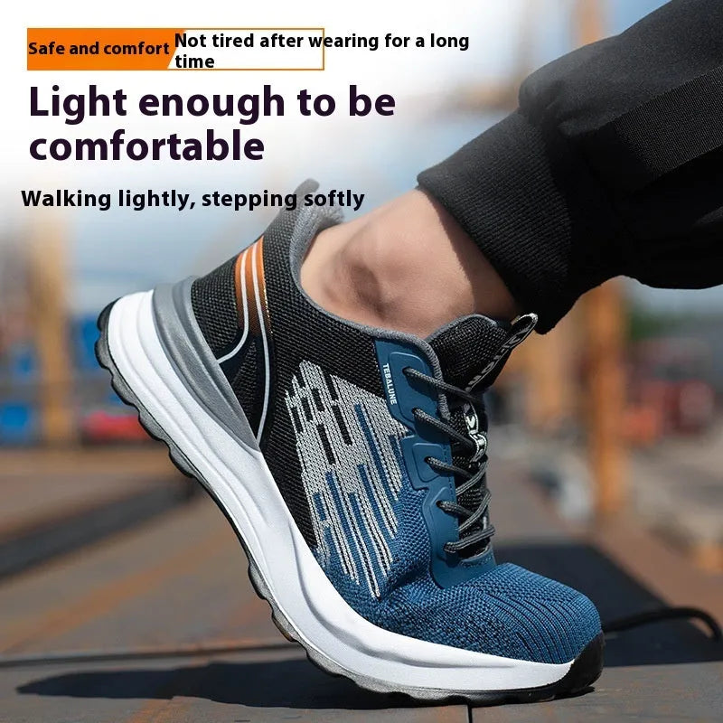 Blue men's safety work shoes with plastic toe cap and breathable flyknit mesh upper