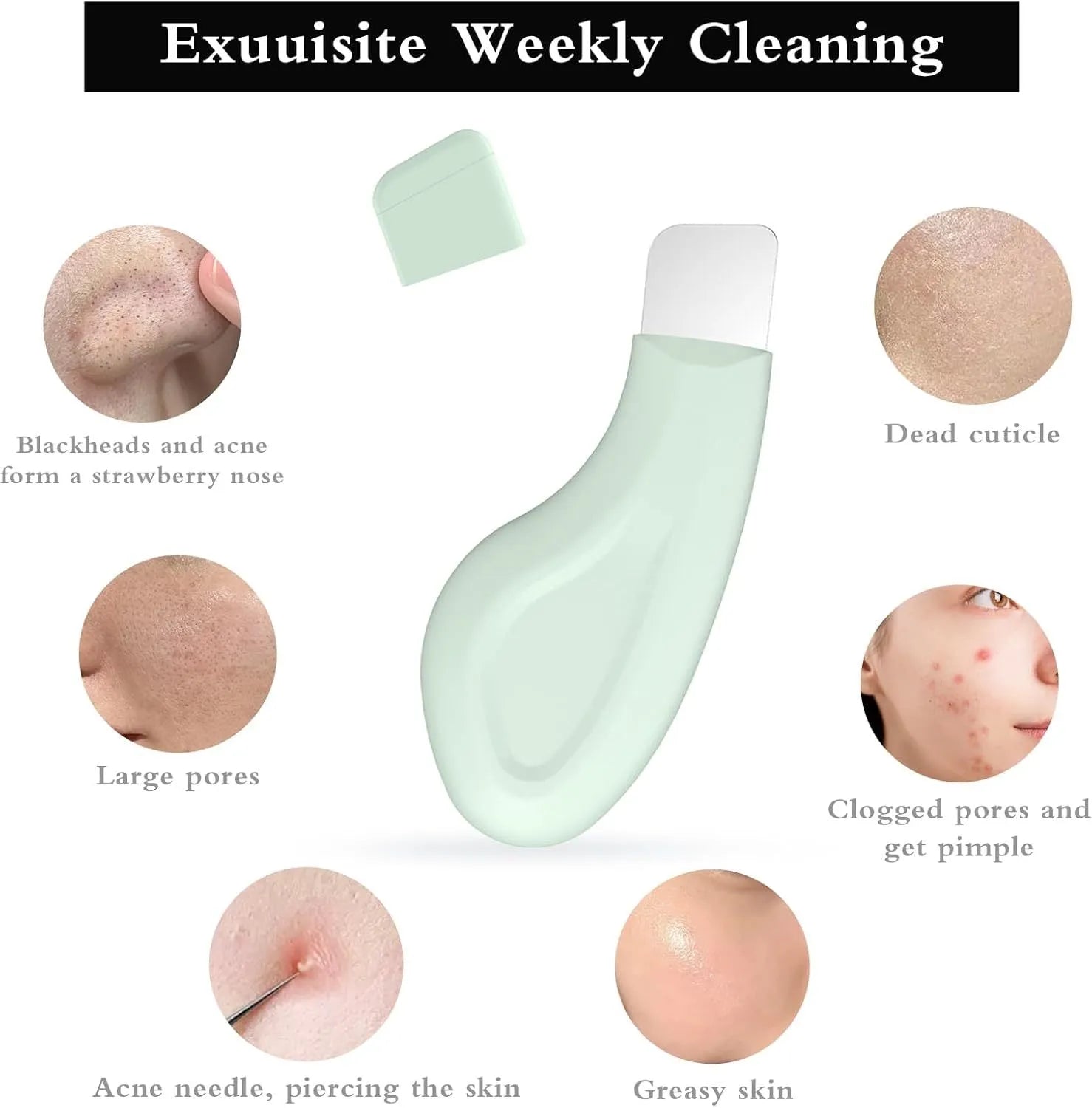 Green silicone-tipped stainless steel facial pore scraper tool with a non-slip handle.
